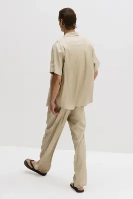 Pantalon Easy-care Loose Fit en lin mélangé - Beige — photo 3
