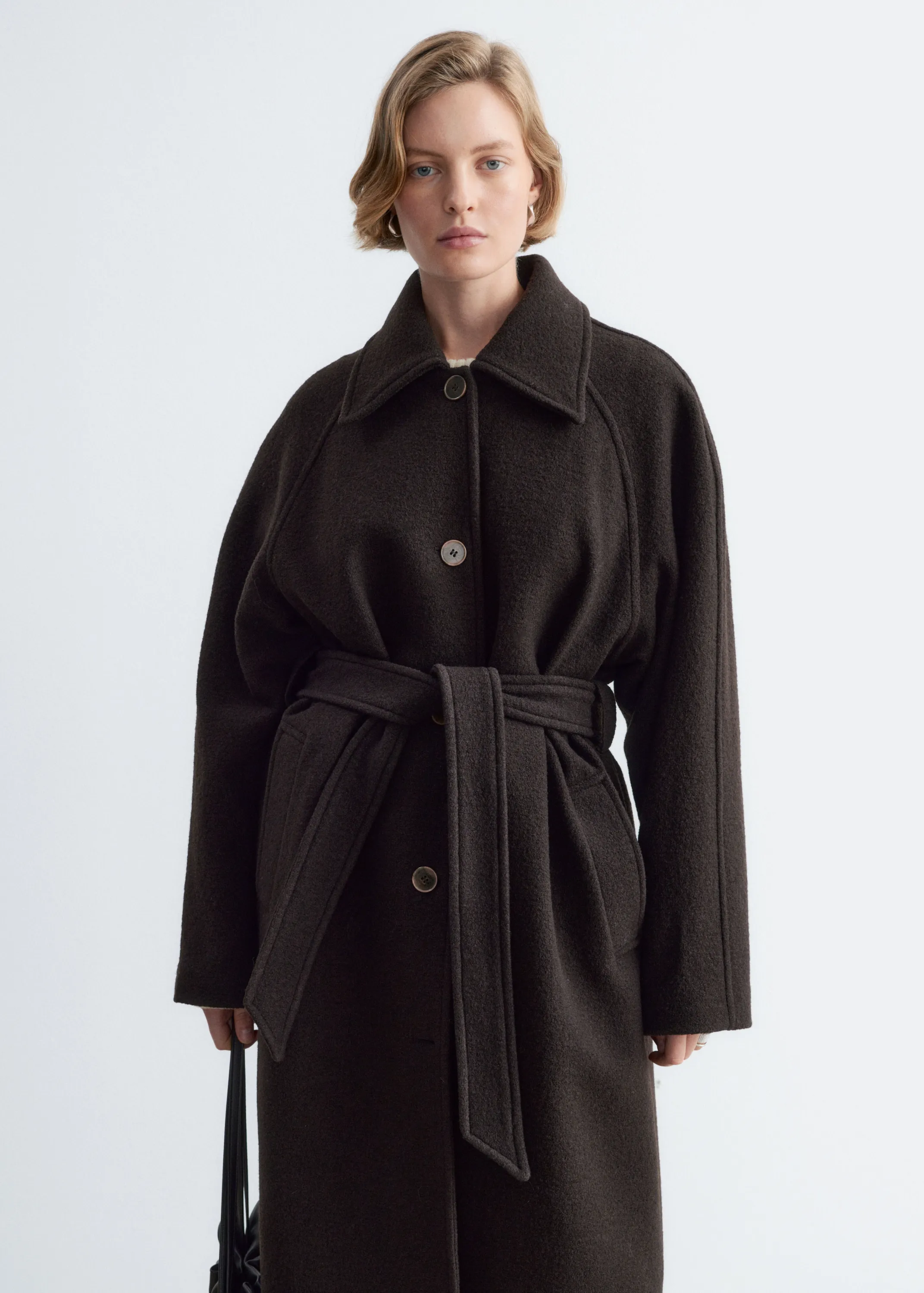 Manteau trois-quarts en laine bouclée - Marron foncé