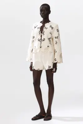 Veste à bords festonnés avec broderie anglaise - Crème — photo 1