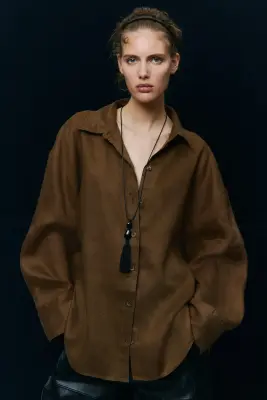 Chemise oversize en lin - Vert kaki — photo 2