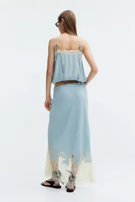 Top avec bretelles à nouer et dentelle - Bleu clair/crème — photo 2