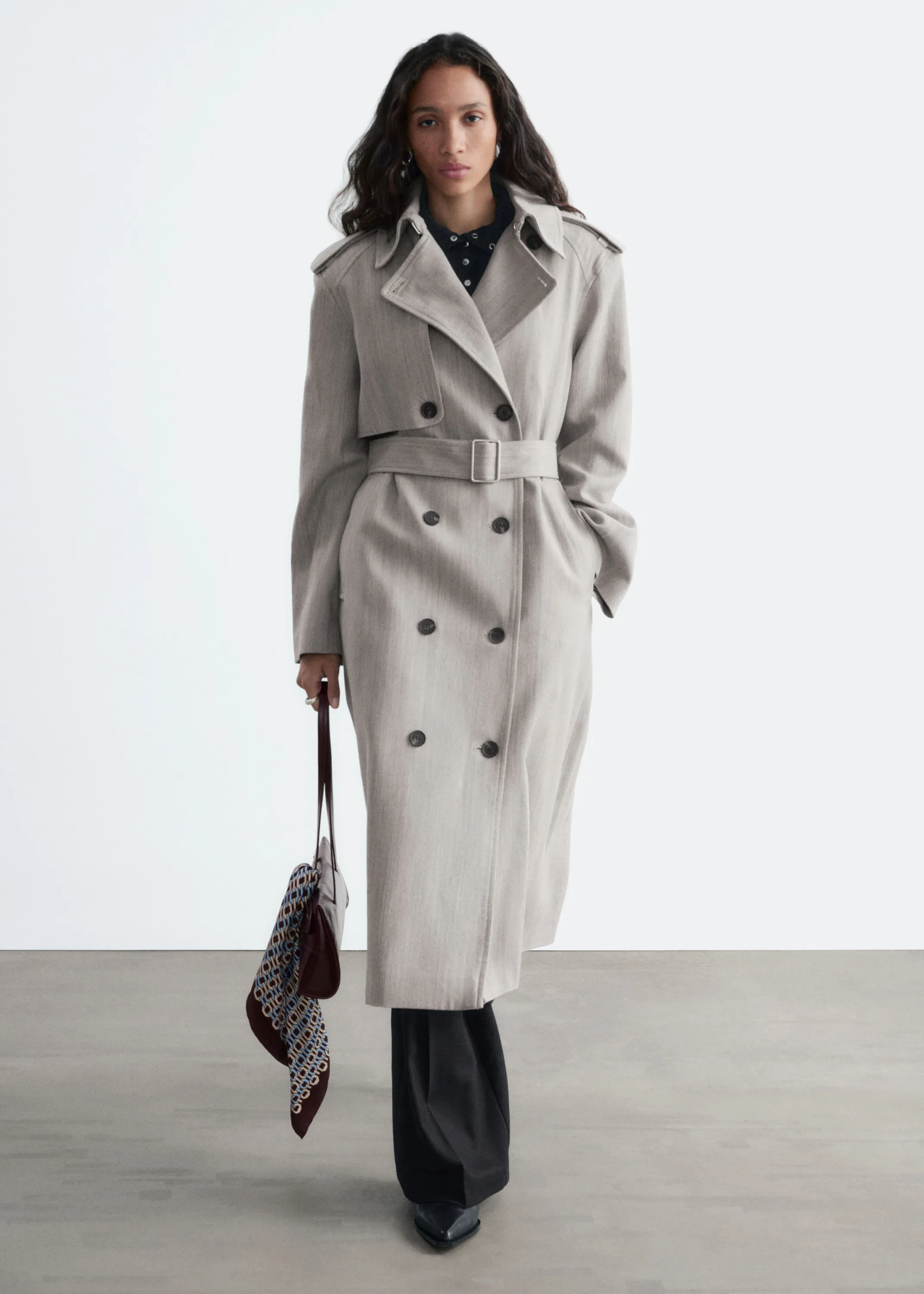 Trench-coat en coton et laine à ceinture - Gris