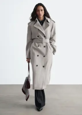 Trench-coat en coton et laine à ceinture - Gris — photo 1