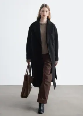 Manteau volumineux en laine avec ceinture - Noir — photo 3