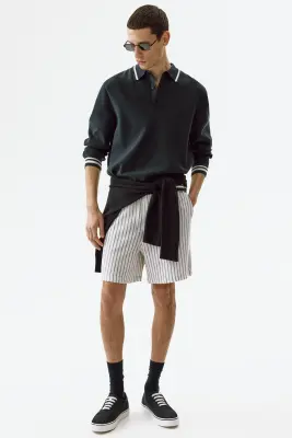 Short Relaxed Fit en lin mélangé - Blanc/rayé — photo 2