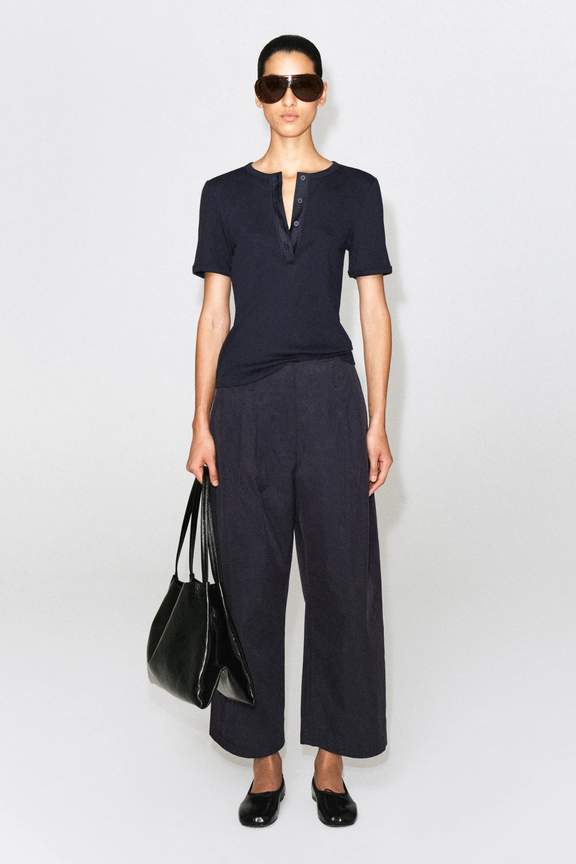 PANTALON BARREL À PLIS EN COTON - BLEU MARINE