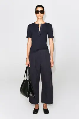PANTALON BARREL À PLIS EN COTON - BLEU MARINE — photo 1