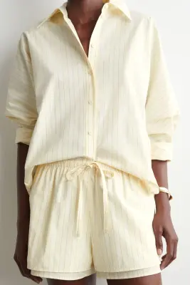 SHORT SUPERPOSÉ AJUSTABLE EN POPELINE DE COTON - JAUNE / RAYURES — photo 1
