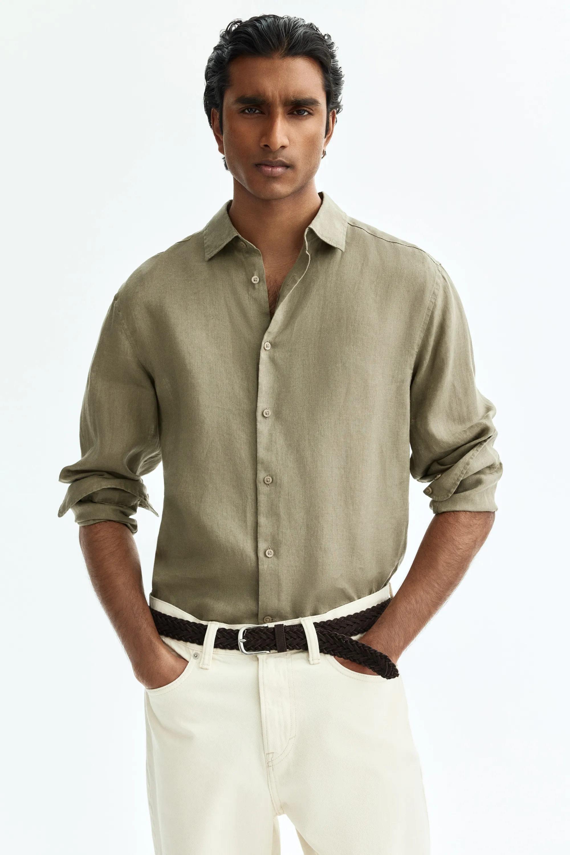 Chemise Slim Fit en lin - Vert kaki