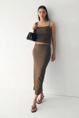 Cooling Slim Fit Ribbed midi skirt - Marron moyen — photo 1