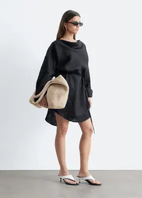 Robe courte à col bénitier en lin - Noir — photo 4