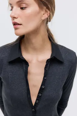 Robe polo en maille fine - Gris foncé chiné — photo 3