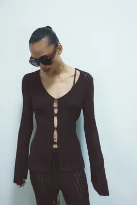 Top façon crochet avec perles fantaisie - Marron foncé — photo 1