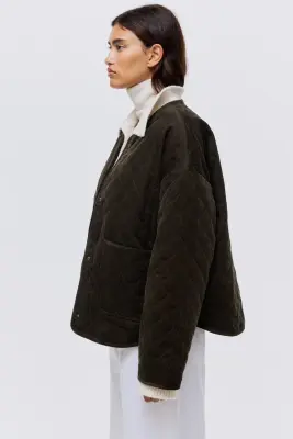 Veste oversize matelassée en velours côtelé - Vert kaki foncé — photo 4