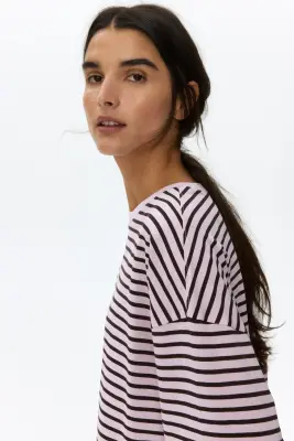 Top à manches longues en coton - Rose clair/rayé — photo 3