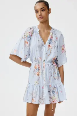 Robe chemise avec ceinture à nouer - Bleu clair/fleuri — photo 1