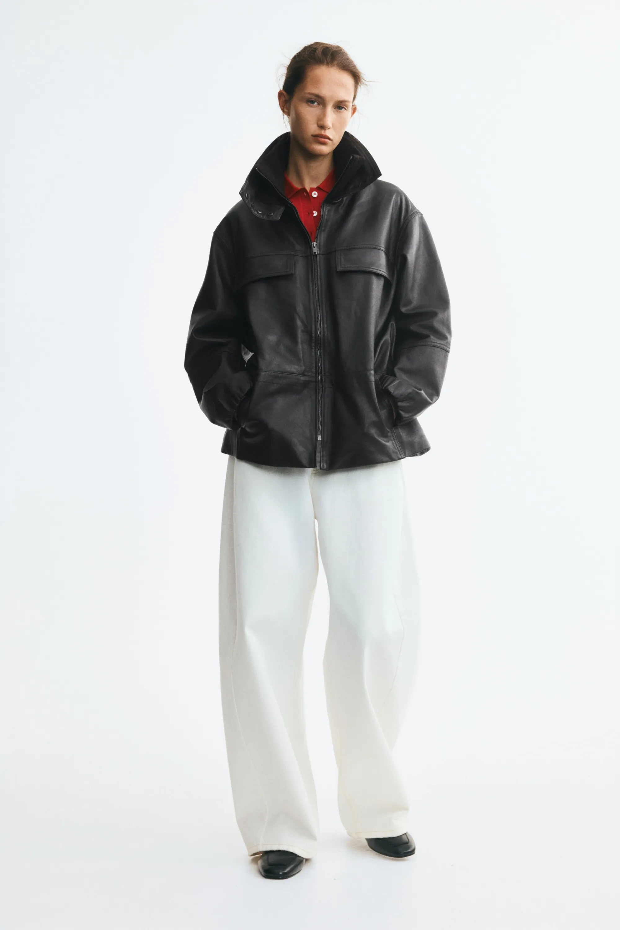 Veste en cuir avec col entonnoir - Marron foncé