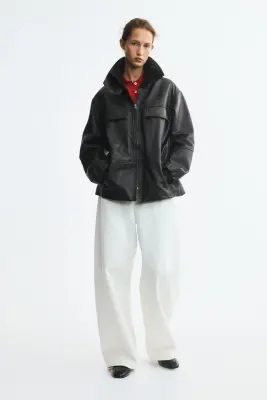 Veste en cuir avec col entonnoir - Marron foncé — photo 1