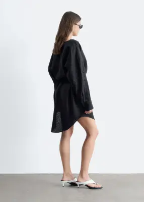 Robe courte à col bénitier en lin - Noir — photo 3