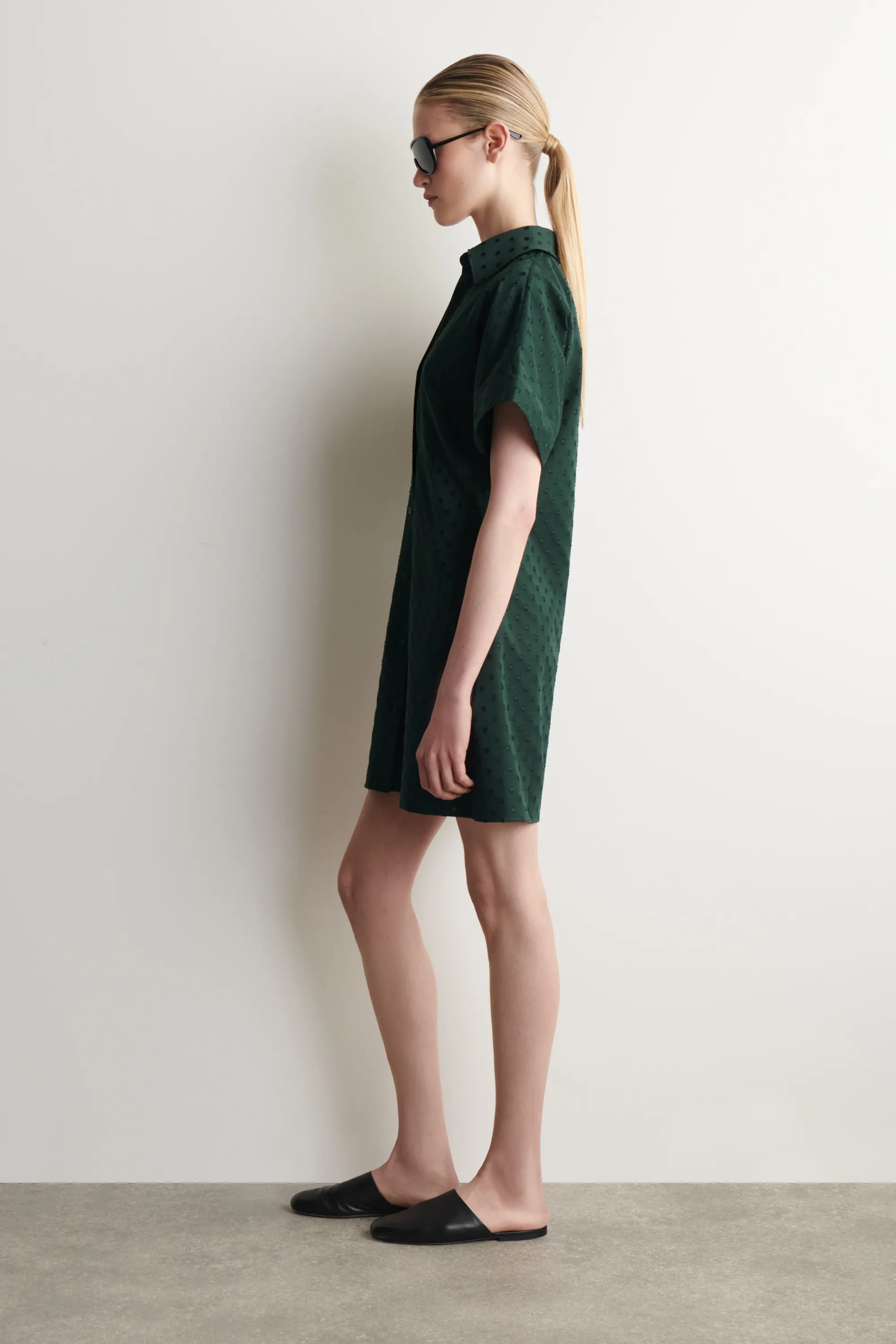 ROBE-CHEMISE EN JACQUARD DE COTON À POIS - VERT FONCÉ / À POIS