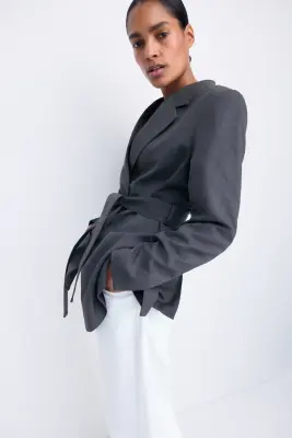 MAMA Blazer avec ceinture à nouer - Gris foncé — photo 4