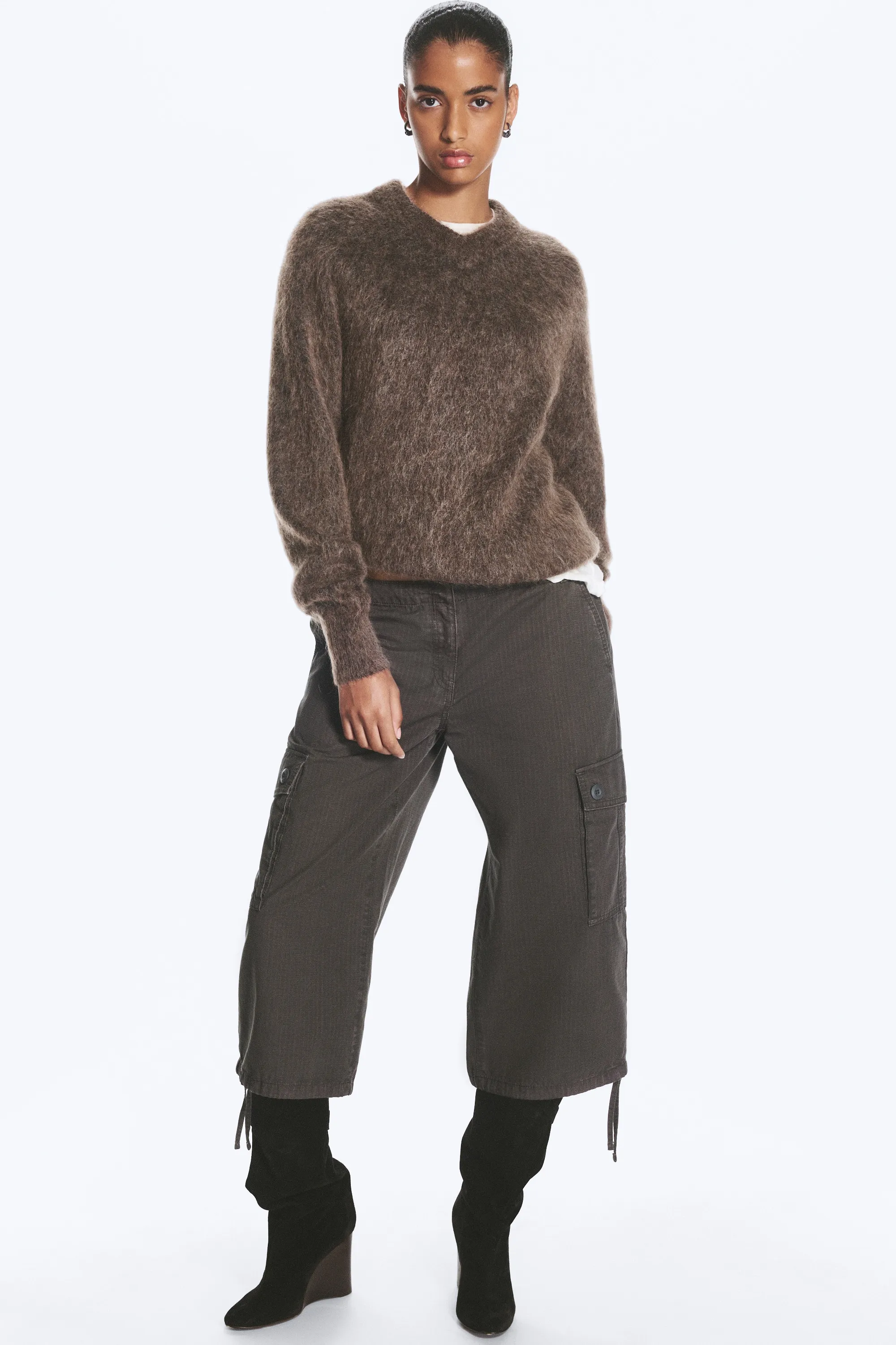 Pull col en V en maille mélangée de mohair - Taupe foncé