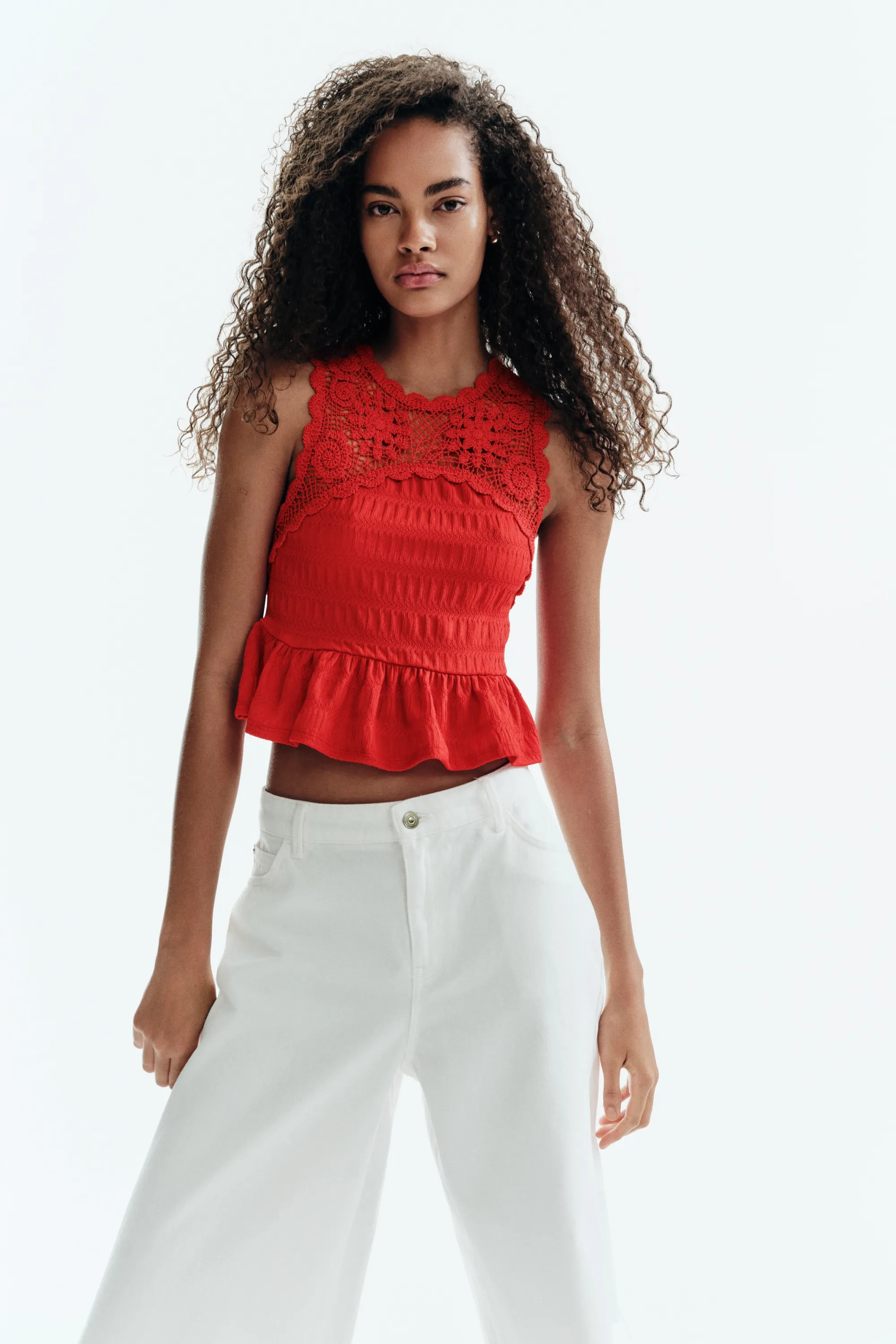 Top texturé avec partie façon crochet - Rouge