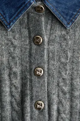 Polo en maille torsadée avec col en denim - Gris chiné — photo 3
