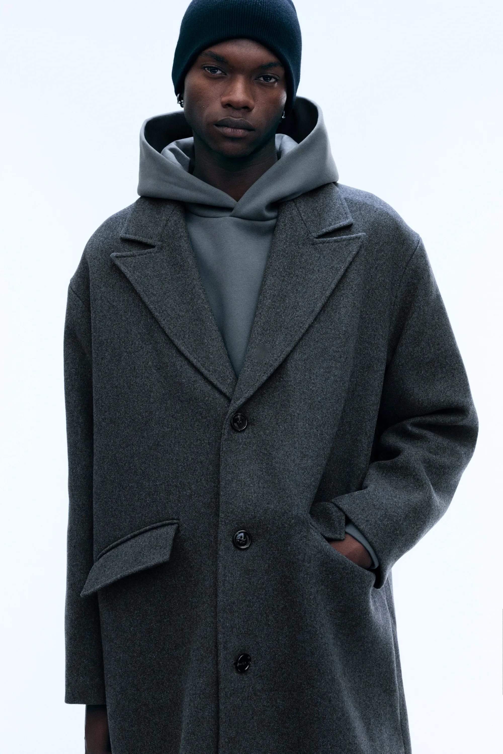 Manteau oversize en laine mélangée à boutonnage simple - Gris foncé chiné