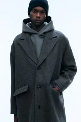 Manteau oversize en laine mélangée à boutonnage simple - Gris foncé chiné — photo 1