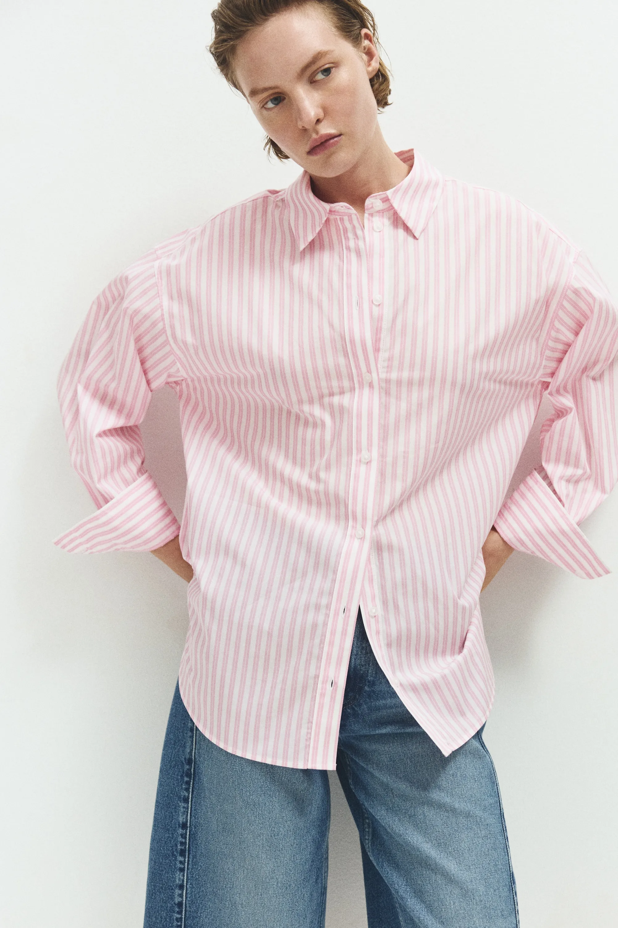 Chemise oversize en popeline - Rose/rayé