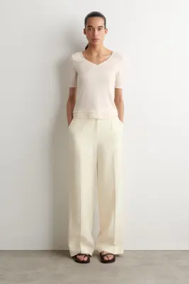 T-SHIRT À COL EN V ET OURLET BORDÉS DE DENTELLE - BLANC — photo 3