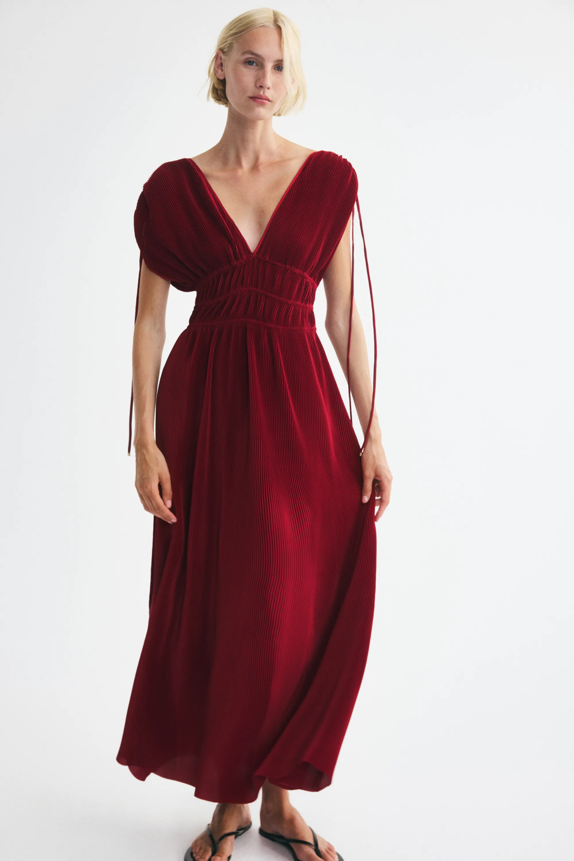 Robe froissée avec cordons de serrage - Rouge foncé