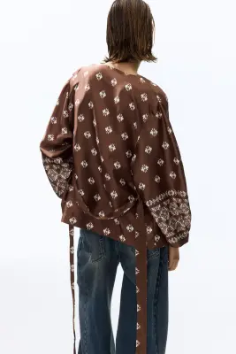 Tie-belt satin blazer - Marron/motif — photo 3