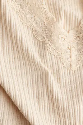 Top en maille pointelle avec dentelle - Beige clair — photo 2