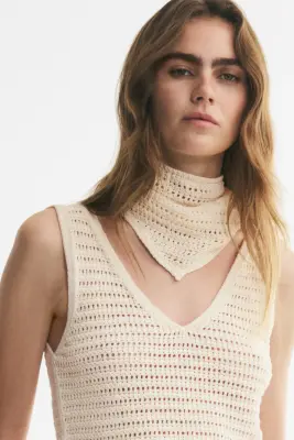 Top en maille pointelle avec foulard - Crème — photo 2