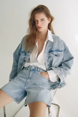 Short taille haute en denim - Bleu denim clair — photo 1