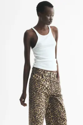 Wide High Waist Ankle Jeans - Beige/imprimé léopard — photo 1