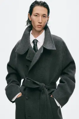 Manteau en cachemire mélangé avec ceinture - Gris foncé — photo 1