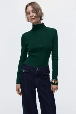 Top avec col cheminée zippé - Vert foncé — photo 3