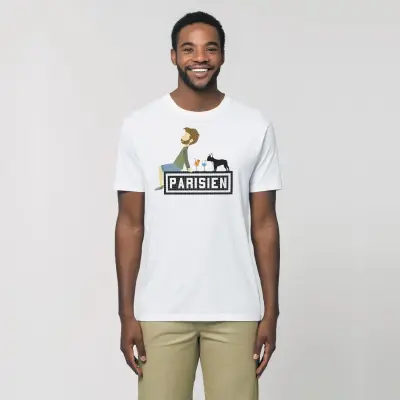T-SHIRT COTON BIO IMPRIMÉ – PARISIEN AVEC SON BOULEDOGUE - BLANC — photo 3