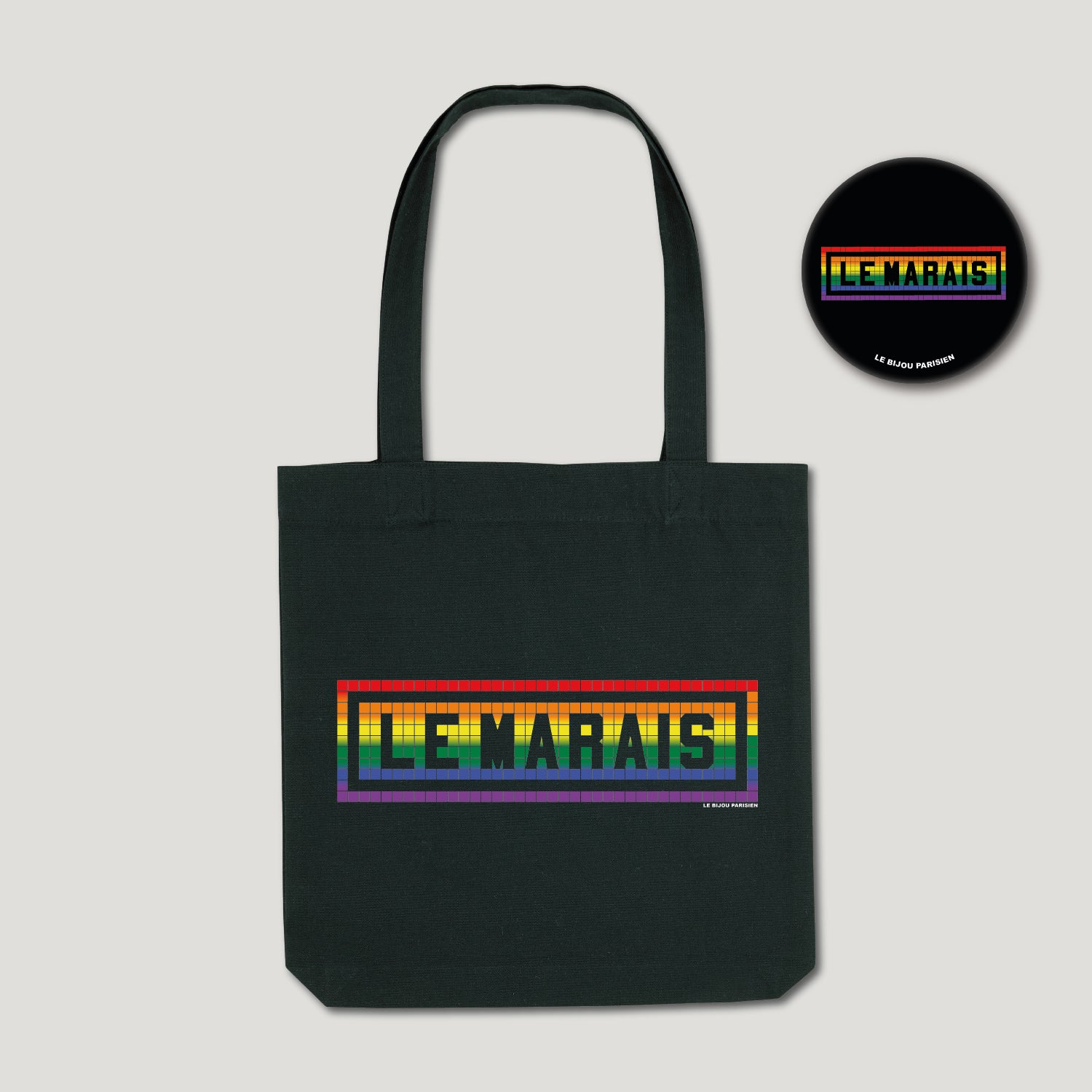 TOTE BAG IMPRIMÉ - LE MARAIS PRIDE - NOIR + BADGE
