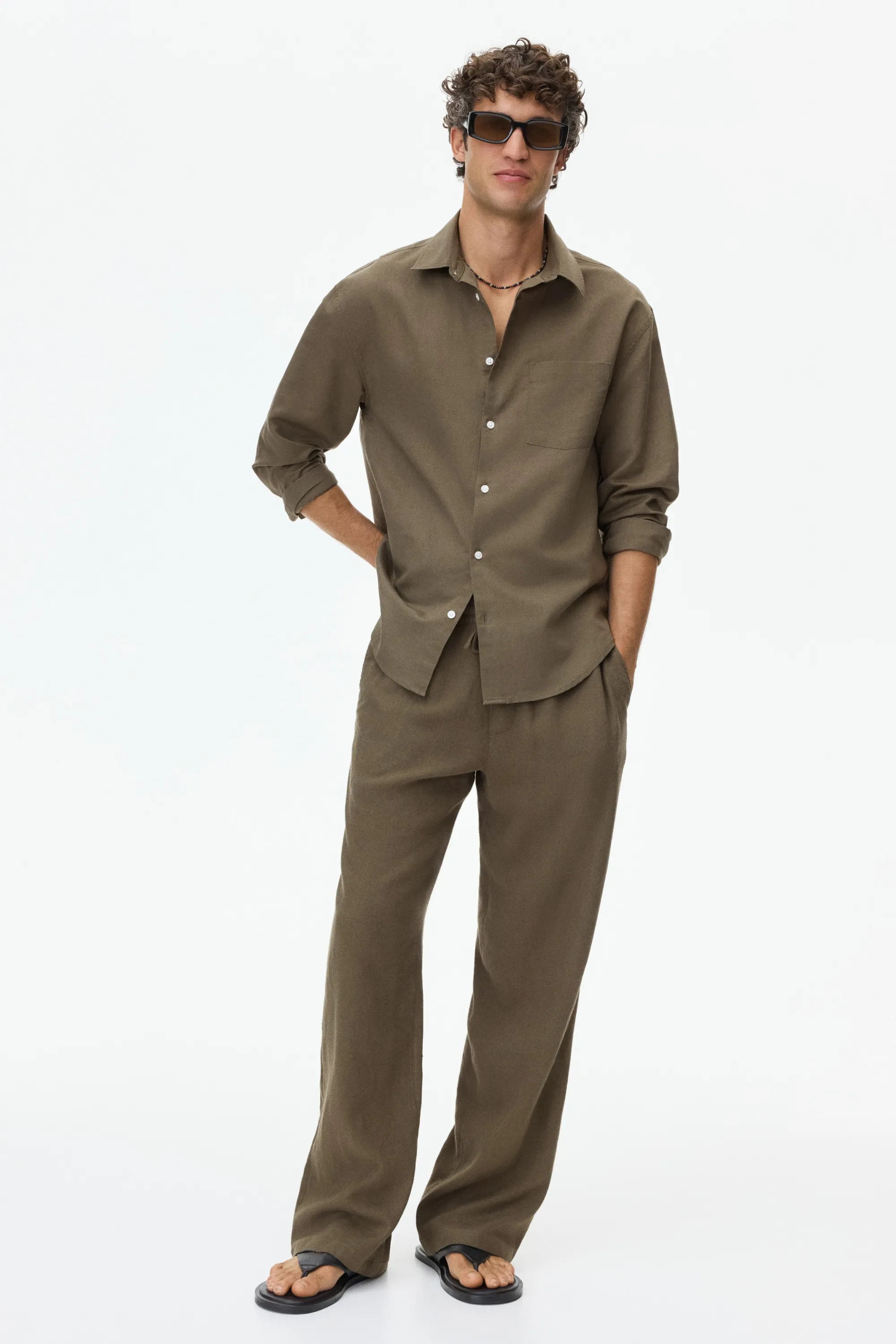 Chemise Relaxed Fit en lin mélangé - Vert kaki foncé