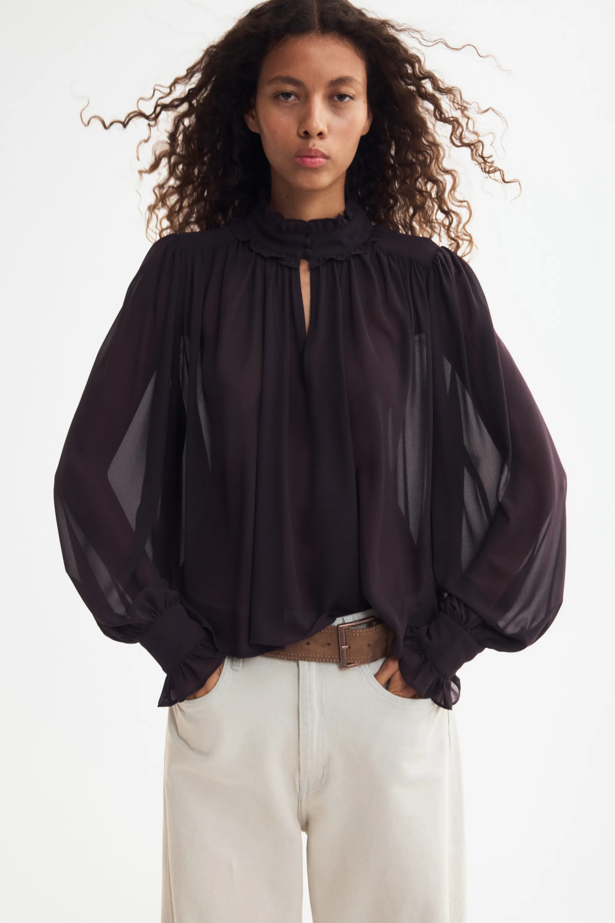 Blouse en mousseline avec manches bouffantes - Violet foncé