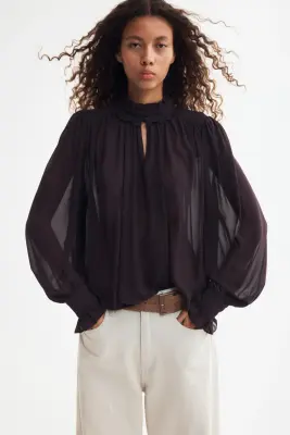 Blouse en mousseline avec manches bouffantes - Violet foncé — photo 1