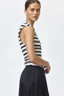 Top asymétrique en jersey - Noir/rayures blanches — photo 3