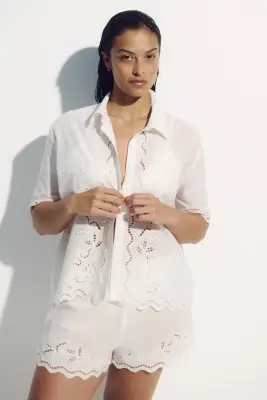 Chemise de plage en coton avec broderie anglaise - Blanc — photo 2