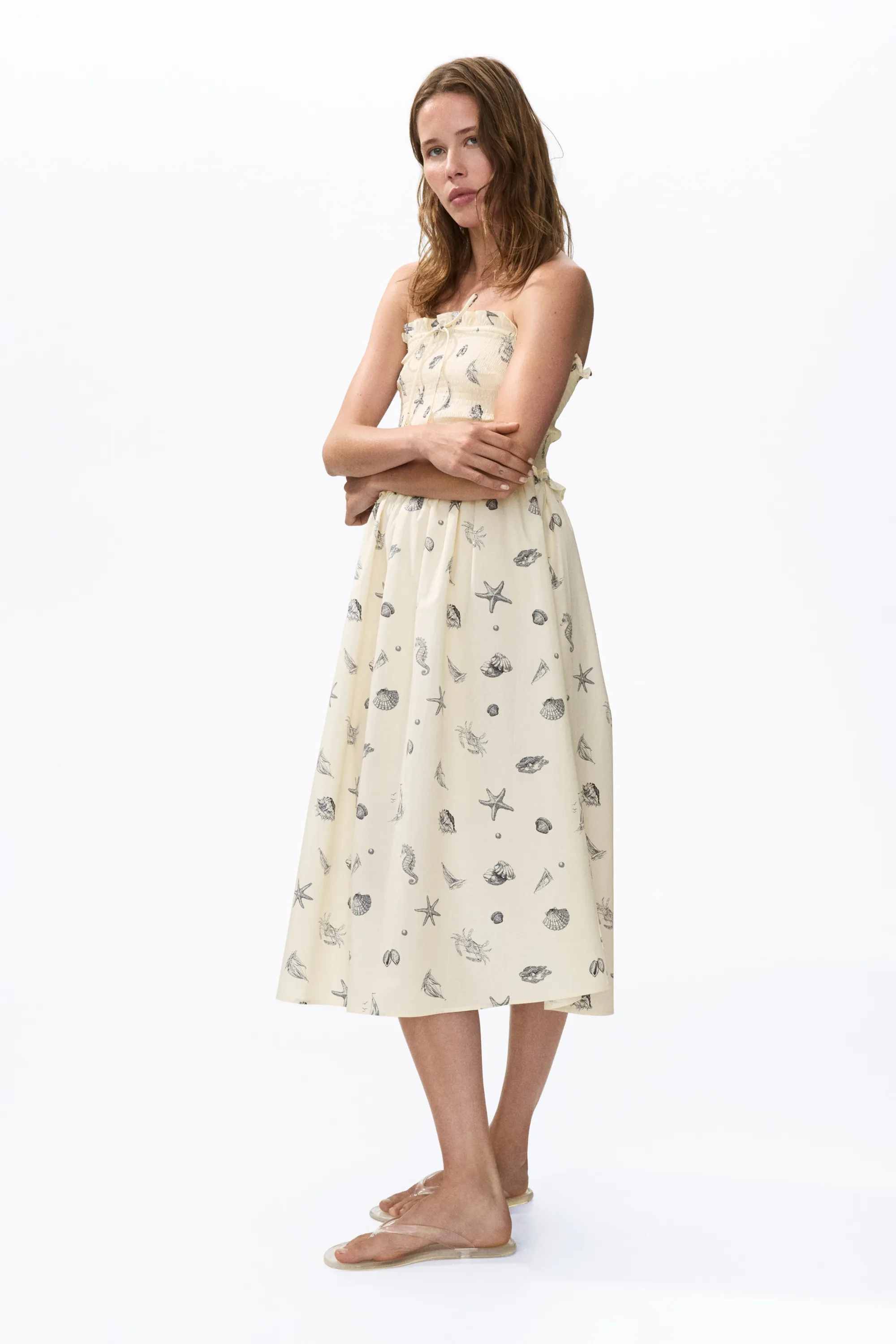 Robe bandeau avec corsage smocké - Crème/coquillages