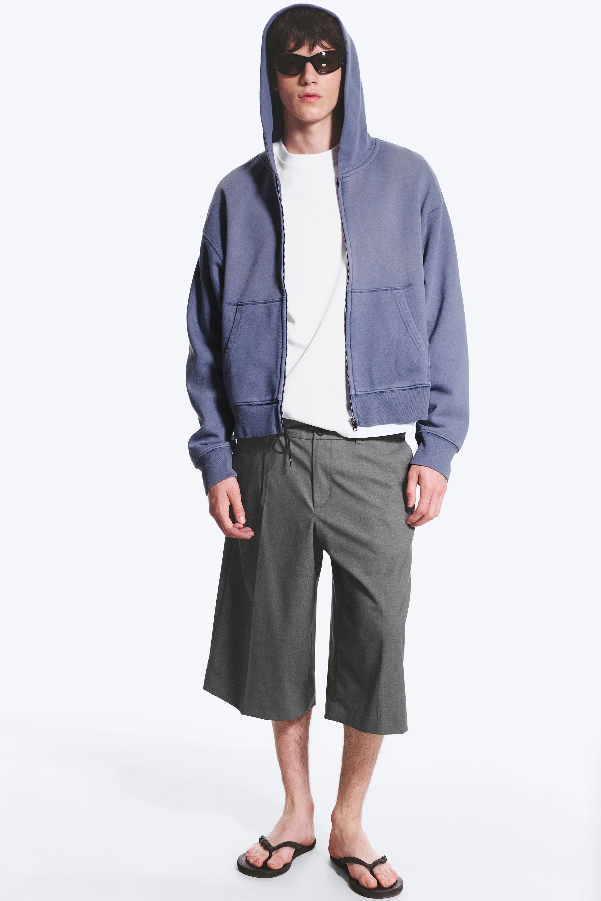 Sweat à capuche zippé carré - Bleu délavé