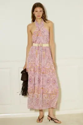 Robe dos nu avec ceinture - Rose/motif cachemire — photo 2